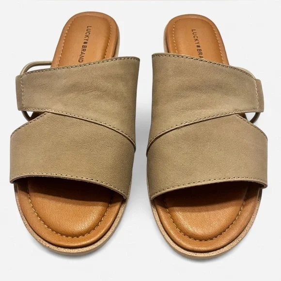 Lucky Brand Nekoda Slide Sandals Dune Taupe Leather Boho Cottagecore Beach Indie - Picture 8 of 8